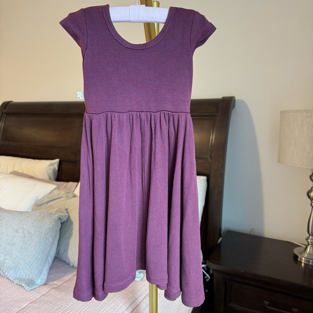 Childhoods Ribbed Twirl Dress with Short Cap Sleeve - 3T - Dark Plum